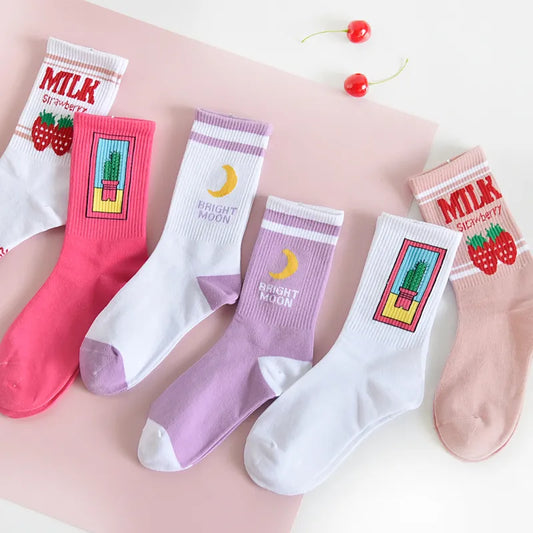 Moon Milk Kawaii Socks - Kawaii Stop - Cartoon, Casual, Cotton, Kawaii, Middle Tube, Moon Milk, One Size, Polyester, Socks, Standard Thickness, Women