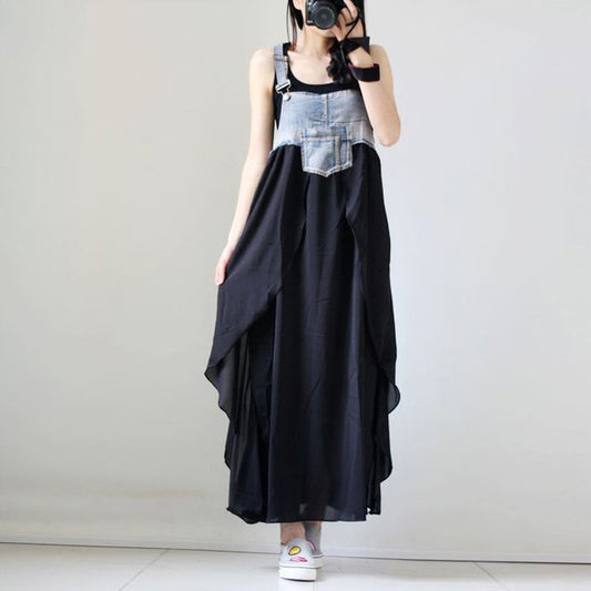 Korean Style Plus Size Denim Chiffon Strap Maxi Dress