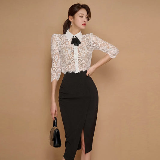 Lapel Bow Lace Top & High Waist Skirt Set - Bottoms - Sets / Co-ords - 6