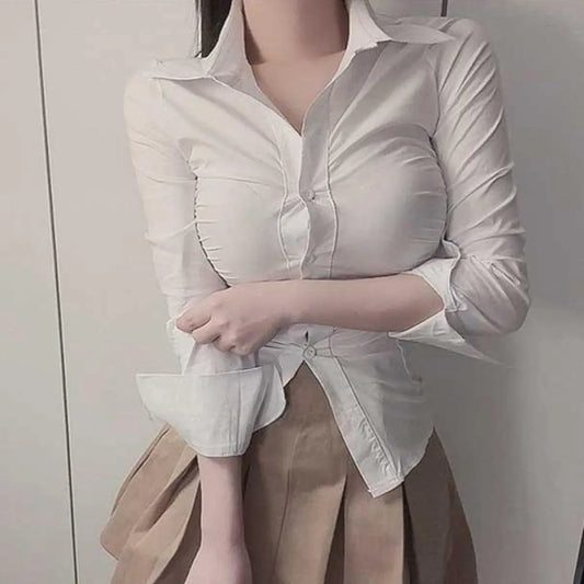 Slim Fit Lapel Pleated OL Long Sleeve Shirt - T-Shirts - Blouse - 2