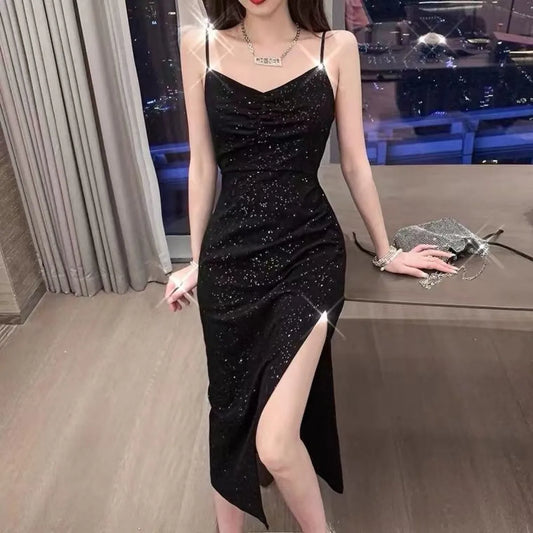 Hepburn Black Sequin Split Midi Dress - All Dresses - Midi Dress - 6