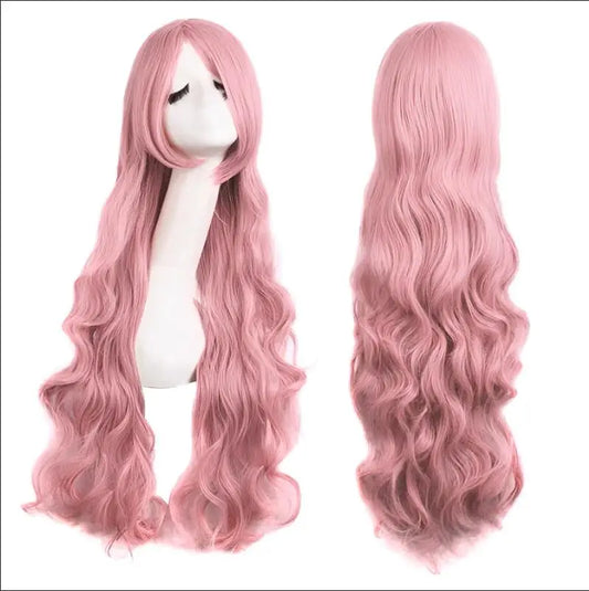 Long Wavy Pink Wig with Bangs