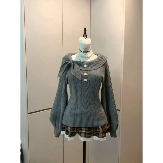 Preppy Bow Knit Sweater Y2K Gyaru Style - Dresses - Sweater / Pullover - 2
