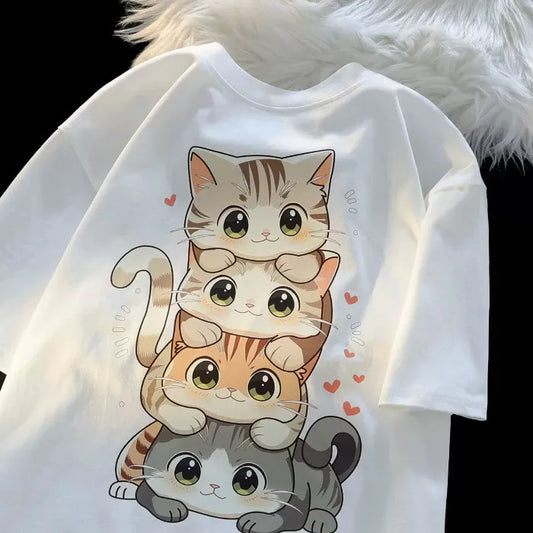 Cute Cartoon Cat Print Round Neck T-Shirt