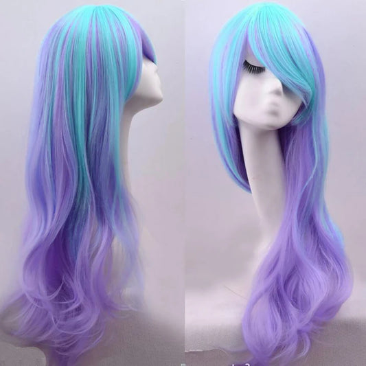 Long Wavy Purple Blue Ombre Wig with Bangs