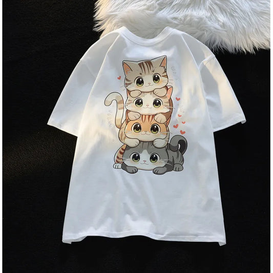 Cute Cartoon Cat Print Round Neck T-Shirt