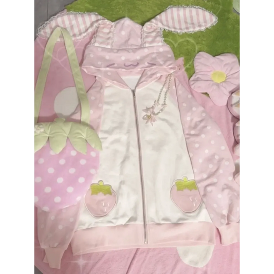 Kawaii Rabbit Ear Lace Patchwork Zip Hoodie - Dresses - Hoodie - 1