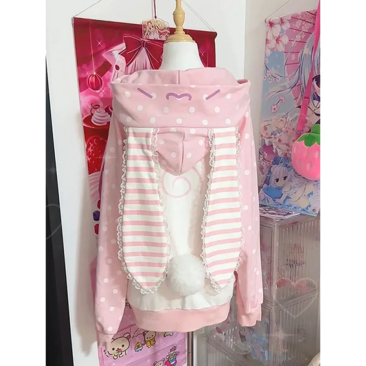 Kawaii Rabbit Ear Lace Patchwork Zip Hoodie - Dresses - Hoodie - 5