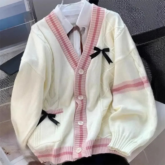 Sweet Bow Contrast V-Neck Preppy Cardigan - Dresses - Cardigan - 2