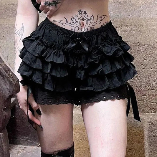 Gothic Lace Shorts - Sweet Bow Ruffle Bloomers