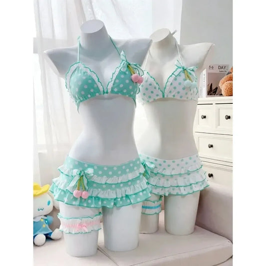 Summer Polka Dot Y2K Bikini Set With Tiered Skirt - Bottoms - Swimsuit / Bikini / One-Piece Swimwear - 2