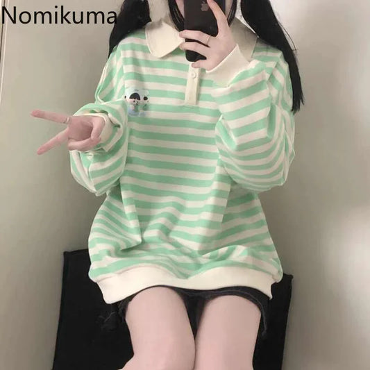Japanese Y2K Preppy Style Sweatshirt - Cute Striped Vintage Hoodies for Women - Kawaii Stop - 