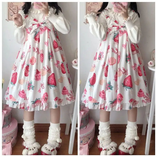 Strawberry Print Sweet Lolita Dress - Sleeveless Suspender