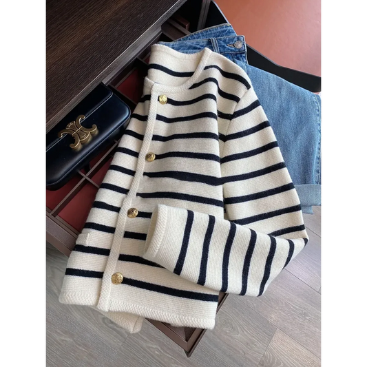 Striped Knit O-Neck Cropped Cardigan - Women’s Clothing & Accessories - Cardigan - 1