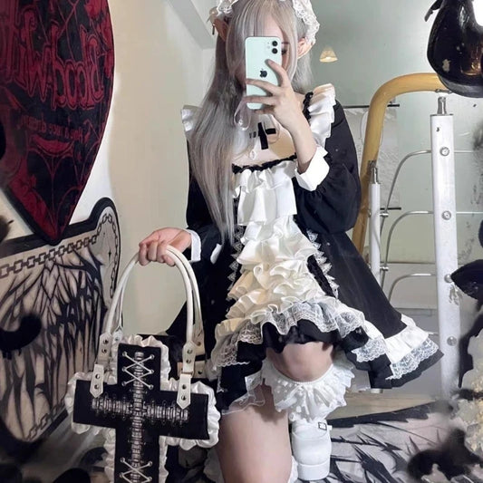 Gothic Lolita OP Dress - Kawaii Bow Ruffles, Blue & White Patchwork