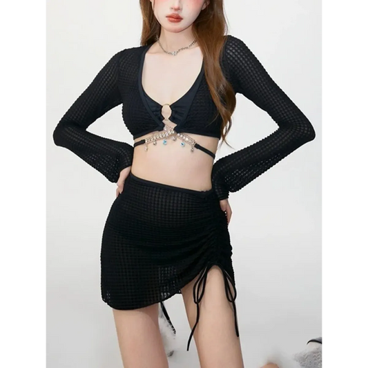 Ivory Mesh Chain Bikini Set – Long Sleeve Lace-Up Beachwear - Swimsuits - Swimwear - 15