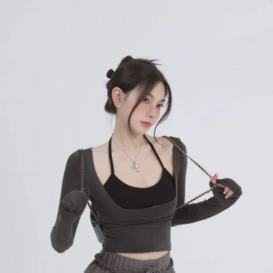 Aesthetic Halter Two-Piece Set - Harajuku Long Sleeve Tee - T-Shirts - 1