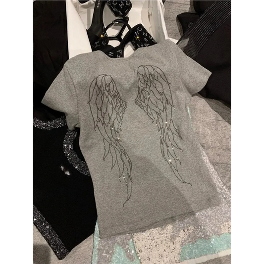 Angel Wings Rhinestone Slim Fit Tee - T-Shirts - T-Shirt - 7