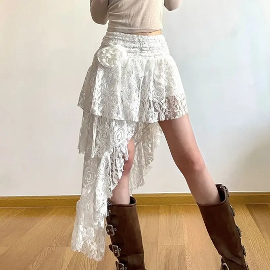 White Asymmetrical Lace Skirt – Fairycore Boho Irregular Skirt - Bottoms - Skirts - 1