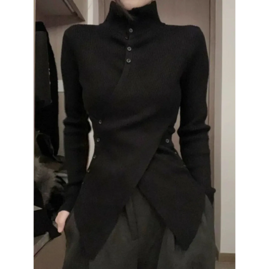 Asymmetrical Turtleneck Slim Knit Sweater - Sweaters - Sweater / Pullover - 1