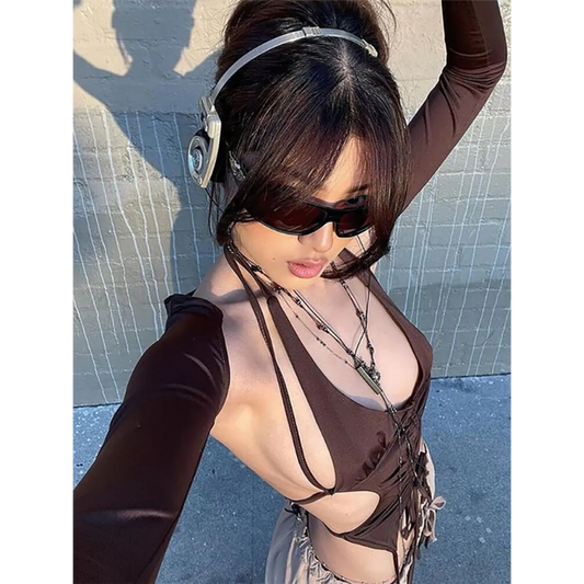 Backless Long Sleeve Crop Tops - Women’s Clothing & Accessories - Long - Asymmetric - Crop Tops - 1