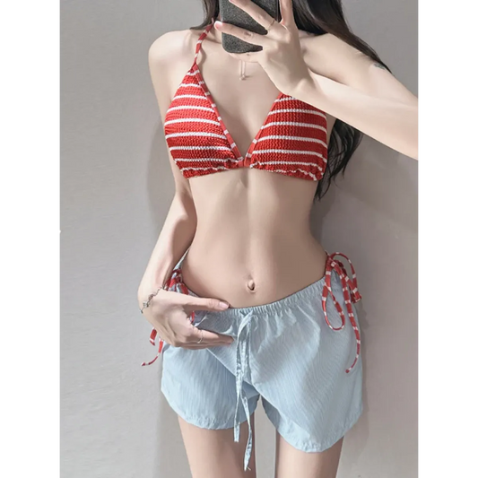 Striped Halter Bikini Set with Beach Shorts - Swimsuits - Swimsuits - 2