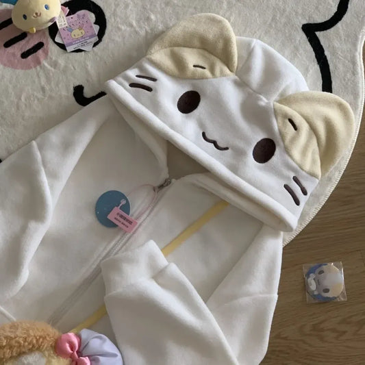 Beige Cutecore Cat Fleece Hoodie With Zipper - Women’s Clothing & Accessories - Hooded - Women’s Hoodies - 7