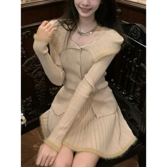 Beige Knit Two-Piece Set – Collared Cardigan & Pleated Skirt - Bottoms - Long - Other - Sets - 1