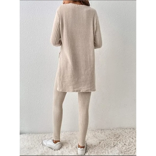 Beige Ribbed Knit Two-Piece Set – Split Long Sleeve Top & Pants - Bottoms - Costume - 2