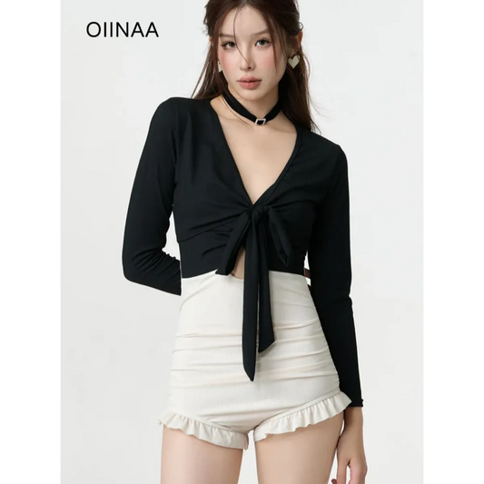 Bikini Set – V-Neck Long Sleeve with Ruffle High Waist - Sexy Products - Swimwear - 2