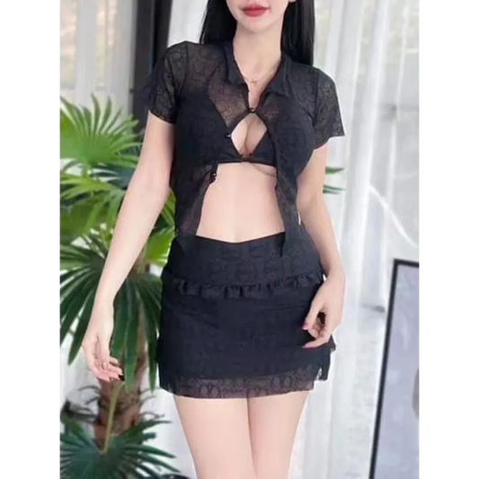 Ruffle Bikini Set – Sheer Short Sleeve Cover-Up with Skirt - Bottoms - Swimwear - 16