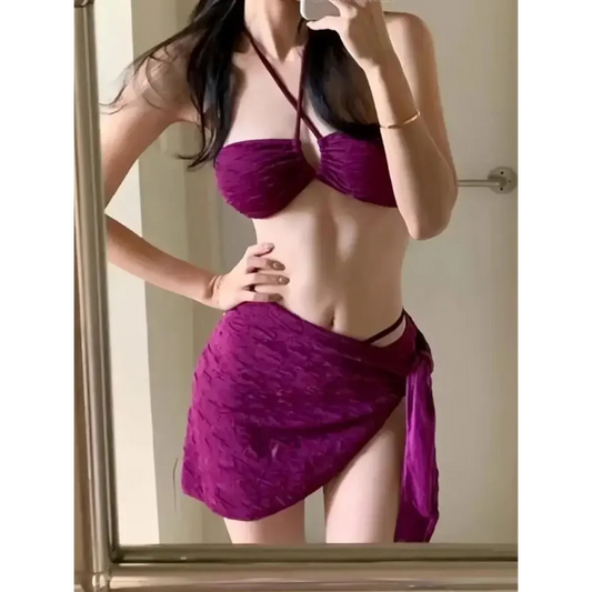 Strappy Halter Three-Piece Bikini Set - Harajuku Style - Swimsuits - 2