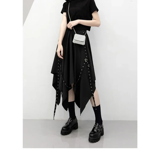 Black Irregular Hem Gothic Punk Skirt – Buckle Straps & Studded Details - Bottoms - Skirts - 1