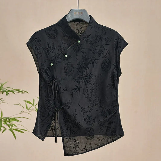 Black Jacquard Cheongsam Top with Asymmetrical Hem - Tops & Tees - Blouse - 7