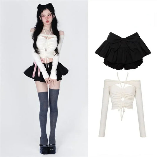 Off-Shoulder Crop Top & Black Mini Skirt Set – Kawaii Y2K - Bottoms - Long - Off-Shoulder - Clothing Sets - 1