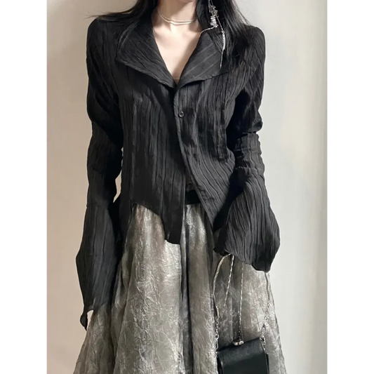 Black Pleated Gothic Harajuku Blouse – Button-Up Long Sleeve - Tops & Tees - Long - Shirt - Blouses - 1