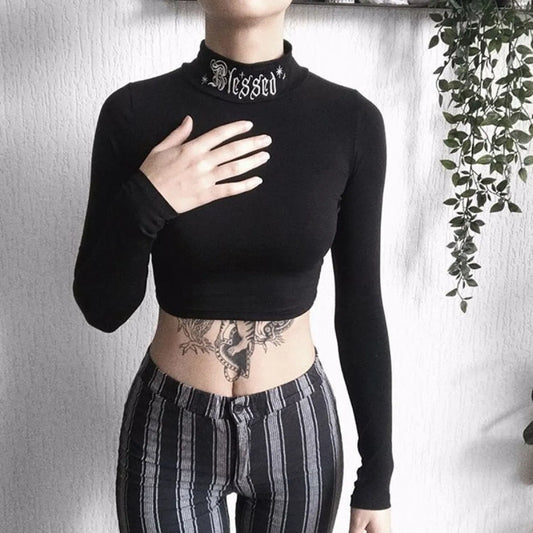 ’Blessed’ Goth Crop Top - T-Shirts - Long - Round - 1