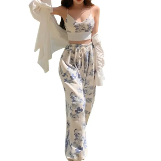 Blue Floral Two-Piece Set – V-Neck Camisole & Drawstring Pants - Bottoms - Sets - 2