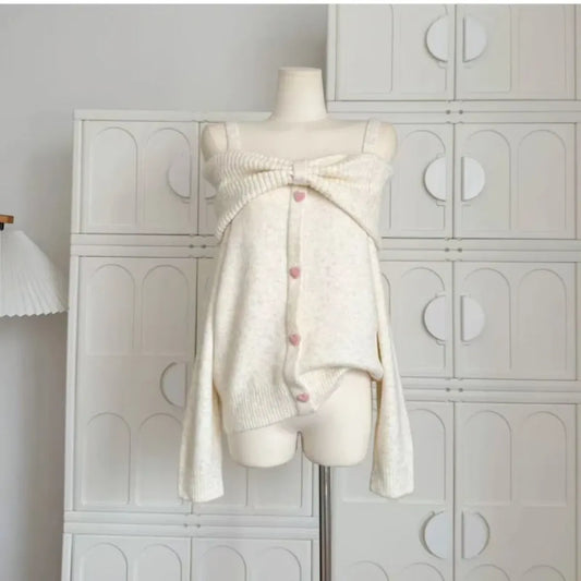 Bow Collar Knit Cardigan – Soft Harajuku Elegant Sweater - Sweaters - Long - Off-Shoulder - Women’s Sweaters - 2