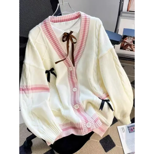 Bow Knit Cardigan – Y2K Aesthetic Contrast Trim Sweater - Sweaters - Long - V-neck - Cardigans - 1