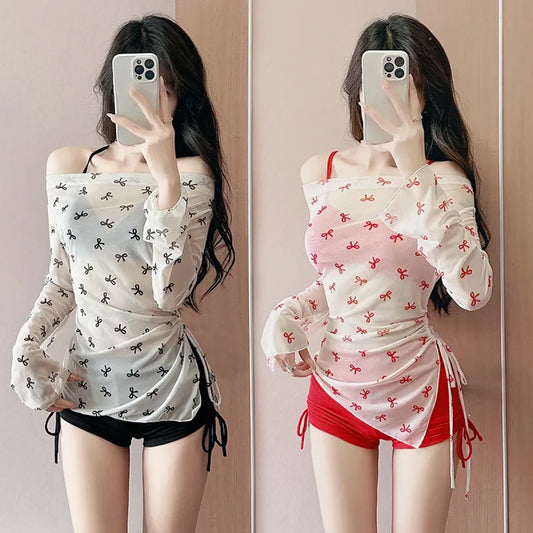 Bow Print Bikini Set – Korean 3pcs Mesh Cover with Drawstring Shorts - Sexy Products - Long - Swimwear - 2