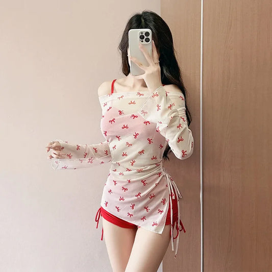 Bow Print Bikini Set – Korean 3pcs Mesh Cover with Drawstring Shorts - Sexy Products - Long - Swimwear - 1