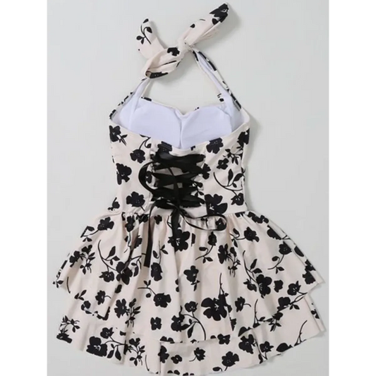 Floral Lace-Up Bow Swimsuit Dress - All Dresses - Swimwear - 2