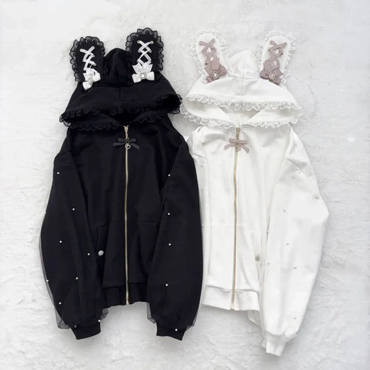 Kawaii Bunny Ear Lace-Up Hooded Zip Jacket - Women’s Clothing & Accessories - Hoodie - 2