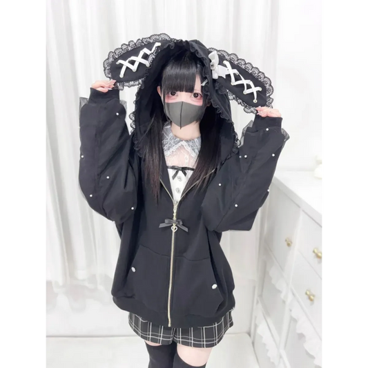 Kawaii Bunny Ear Lace-Up Hooded Zip Jacket - Women’s Clothing & Accessories - Hoodie - 1
