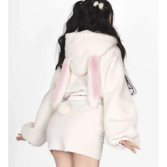 Fluffy Bunny Ear Hoodie & Bodycon Skirt Set - Bottoms - Sets / Co-ords - 1