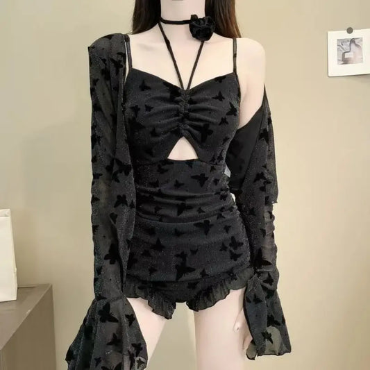 Butterfly Glitter Swimsuit – Kpop 3D Flower 3PCS Mesh Set - Tops & Tees - Long - Swimwear - 1