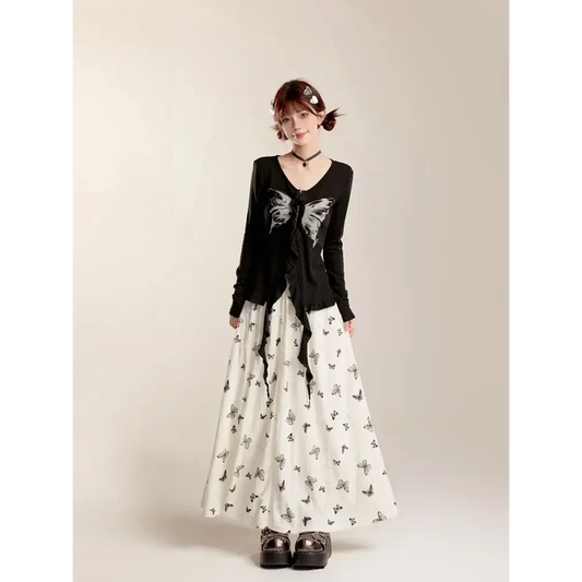 Fairycore Butterfly Print Ruffle Maxi Skirt - Bottoms - Skirts - 1