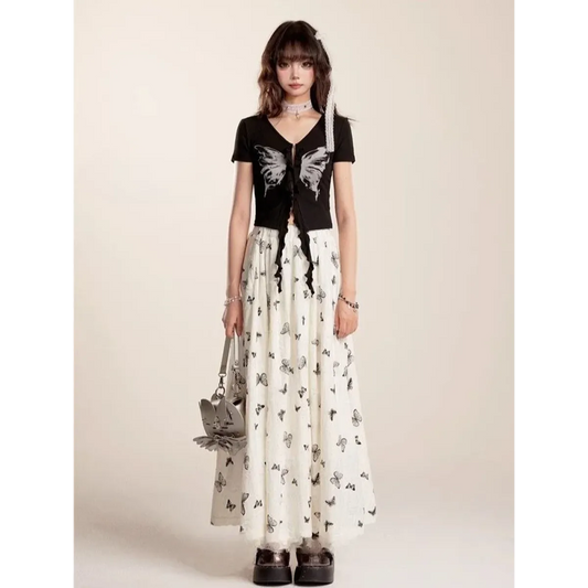 Fairycore Butterfly Print Ruffle Maxi Skirt - Bottoms - Skirts - 2