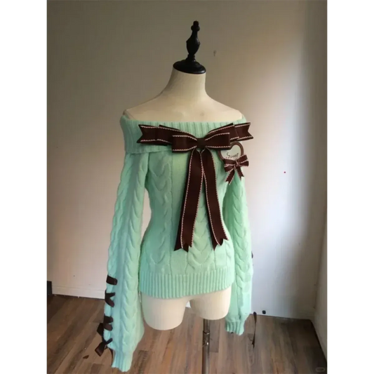 Off-Shoulder Bow Knit Sweater – Lolita E-Girl Style - Sweaters - Women’s Sweaters - 6